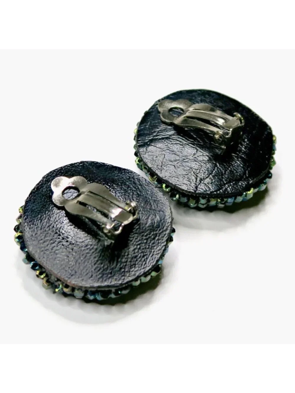 Iridescent Blue Beaded Clip-On Earrings Vintage 1960s-70s Statement Jewelry - Picture 4 of 4